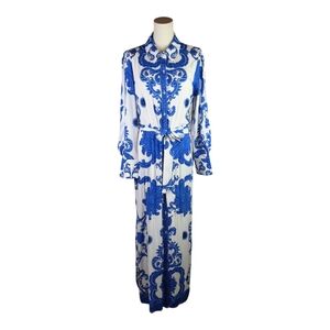 1.STATE Blue White Baroque Print Maxi Shirt Dress Belted NWT Medium